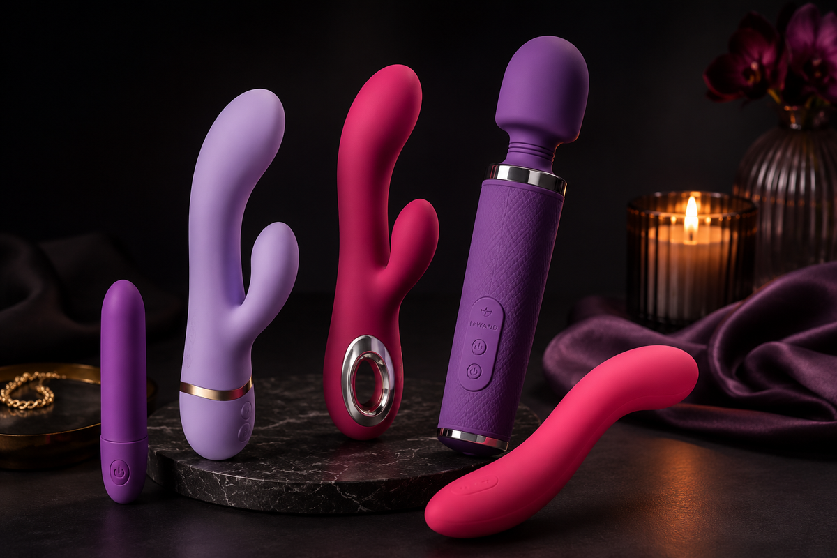 Different types of vibrators including clitoral, rabbit and wand styles