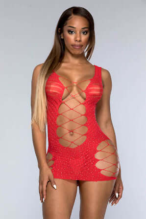 Music Legs Lingerie Lace Up Rhinestone Chemise - Red-Clothing - Bodystocking-Music Legs Lingerie-Danish Blue Adult Centres