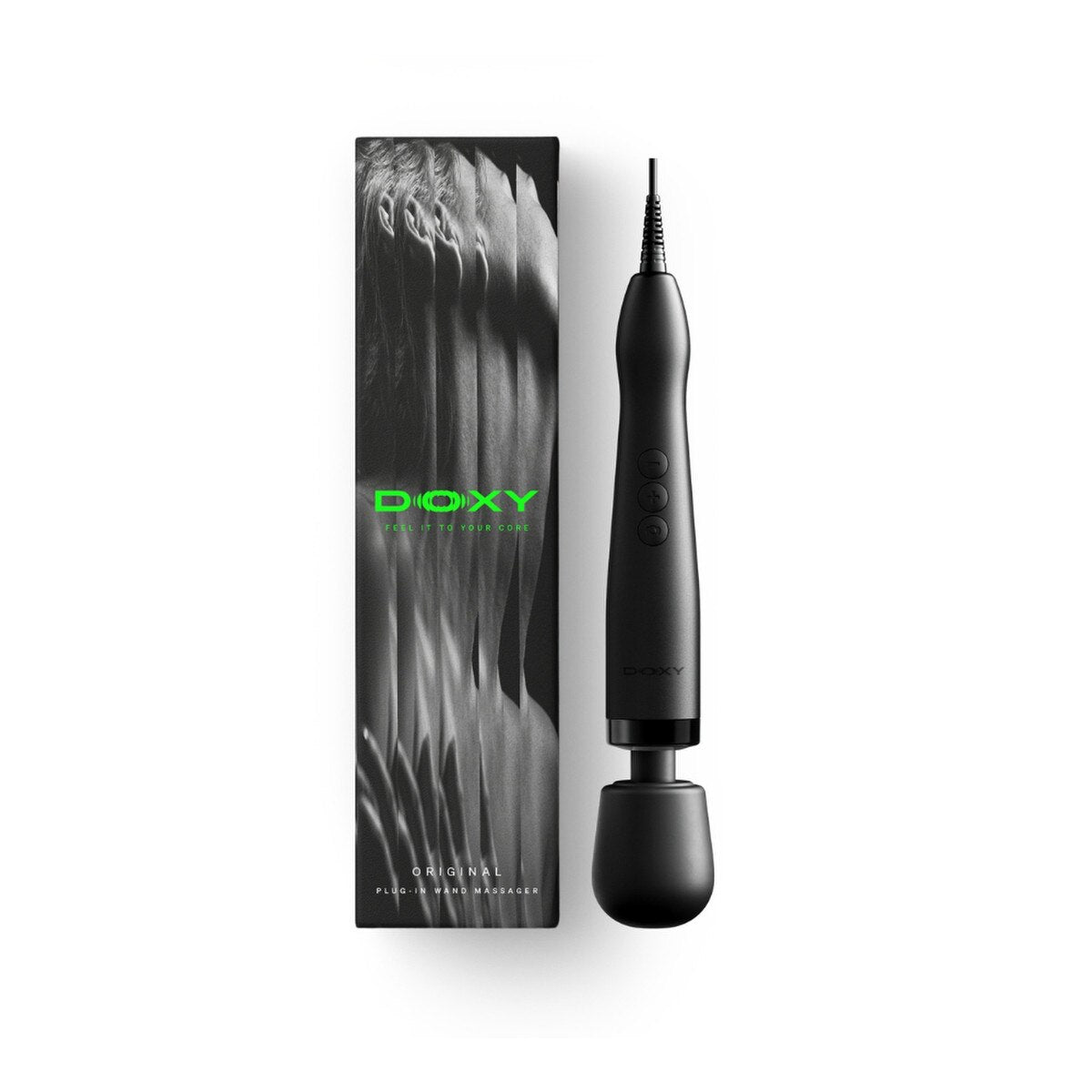 A Black DOXY Original personal massager shown next to its black textured packaging box with green branding, on a clean white background - Adult Toys - Wands - Danish Blue Adult Centres
