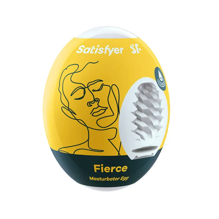 Satisfyer Fierce masturbator Egg packaging with yellow and black design on a white background