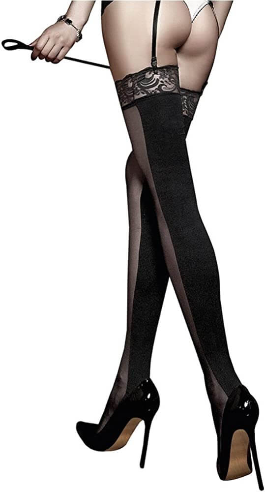 Baci Lace Top Sheer and Opaque Thigh Highs - Black-Clothing - HosieryStockings-BACI-Danish Blue Adult Centres