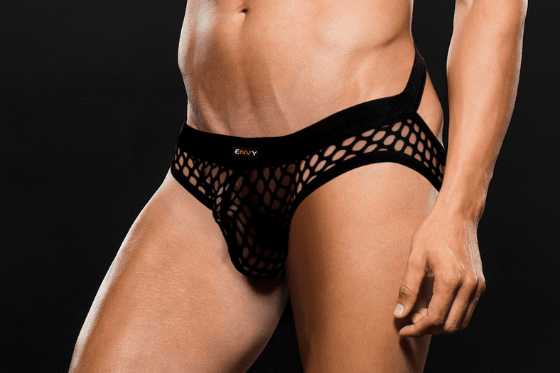 Envy E090 - Modern Fishnet Open Back Brief - Black-Clothing - Underwear & Panties - Mens Room in Front-Envy-Danish Blue Adult Centres
