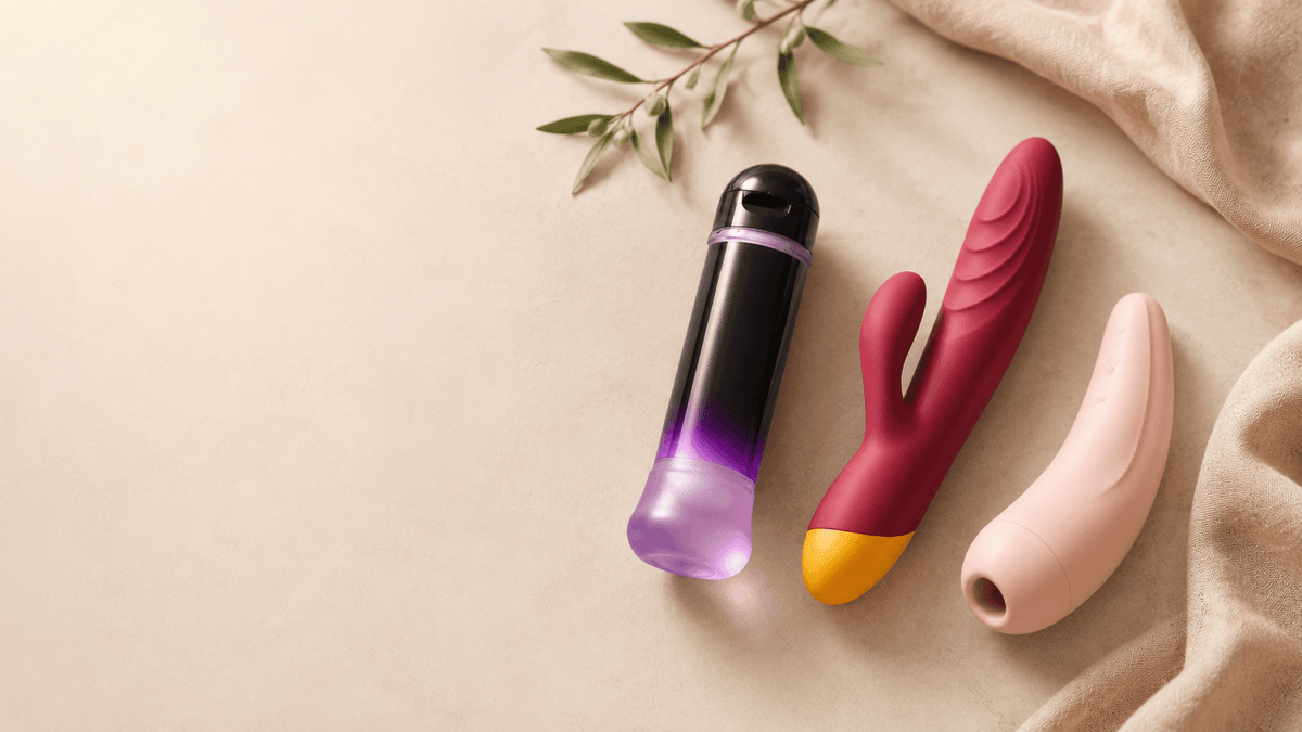 Beginner sex toys, vibrator and lube flat lay from Danish Blue.