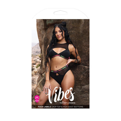 Vibes Fuck Labels Crop Top & High Waist Bottoms-Clothing - Bra & Panty Sets-Vibes-Danish Blue Adult Centres