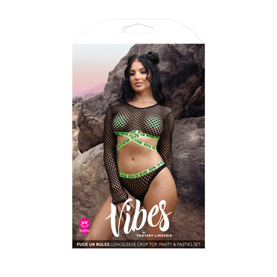 Vibes Fuck Ur Rules Long Sleeve Crop Top & Panty-Clothing - Bra & Panty Sets-Vibes-Danish Blue Adult Centres