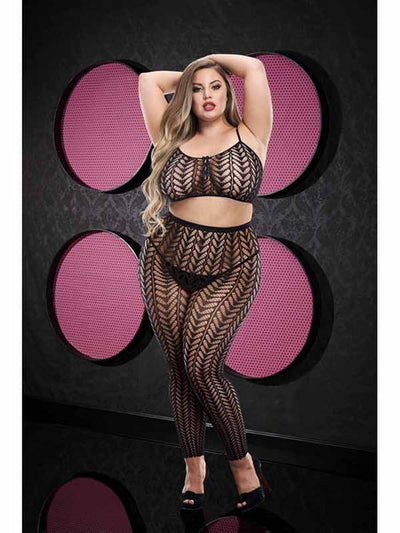 Lapdance Jacquard Crop Top And Pants Set Black Queen Size-Clothing - Bodystocking-Lapdance-Danish Blue Adult Centres