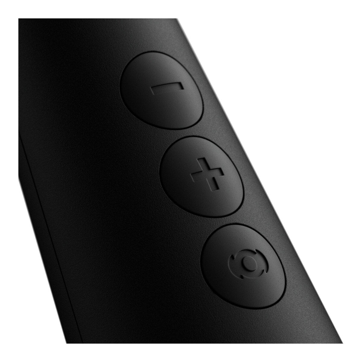 Doxy Original Plug-In Wand Massager in Black. Close-up showing three circular control buttons with minus, plus, and power symbols, set against a plain white background - Adult Toys - Wands - Danish Blue Adult Centres