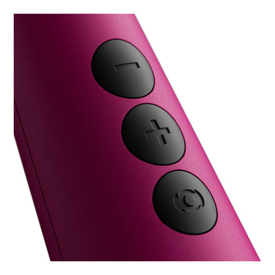 Doxy Original Plug-In Wand Massager in Pink. Close-up showing three circular control buttons with minus, plus, and power symbols, set against a plain white background - Adult Toys - Wands - Danish Blue Adult Centres