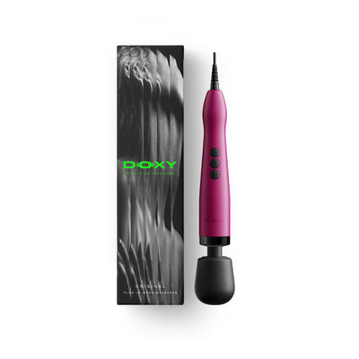 A Pink DOXY Original personal massager shown next to its black textured packaging box with green branding, on a clean white background - Adult Toys - Wands - Danish Blue Adult Centres