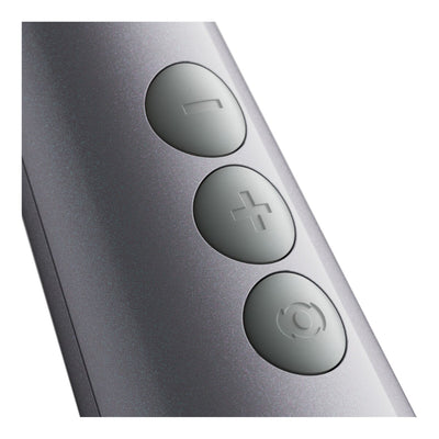 Close-up of a Doxy Die Cast Max metallic wand massager showing three round buttons with minus, plus, and power icons, set against a plain white background - Adult Toys - Vibrators - Danih Blue Adult Centres