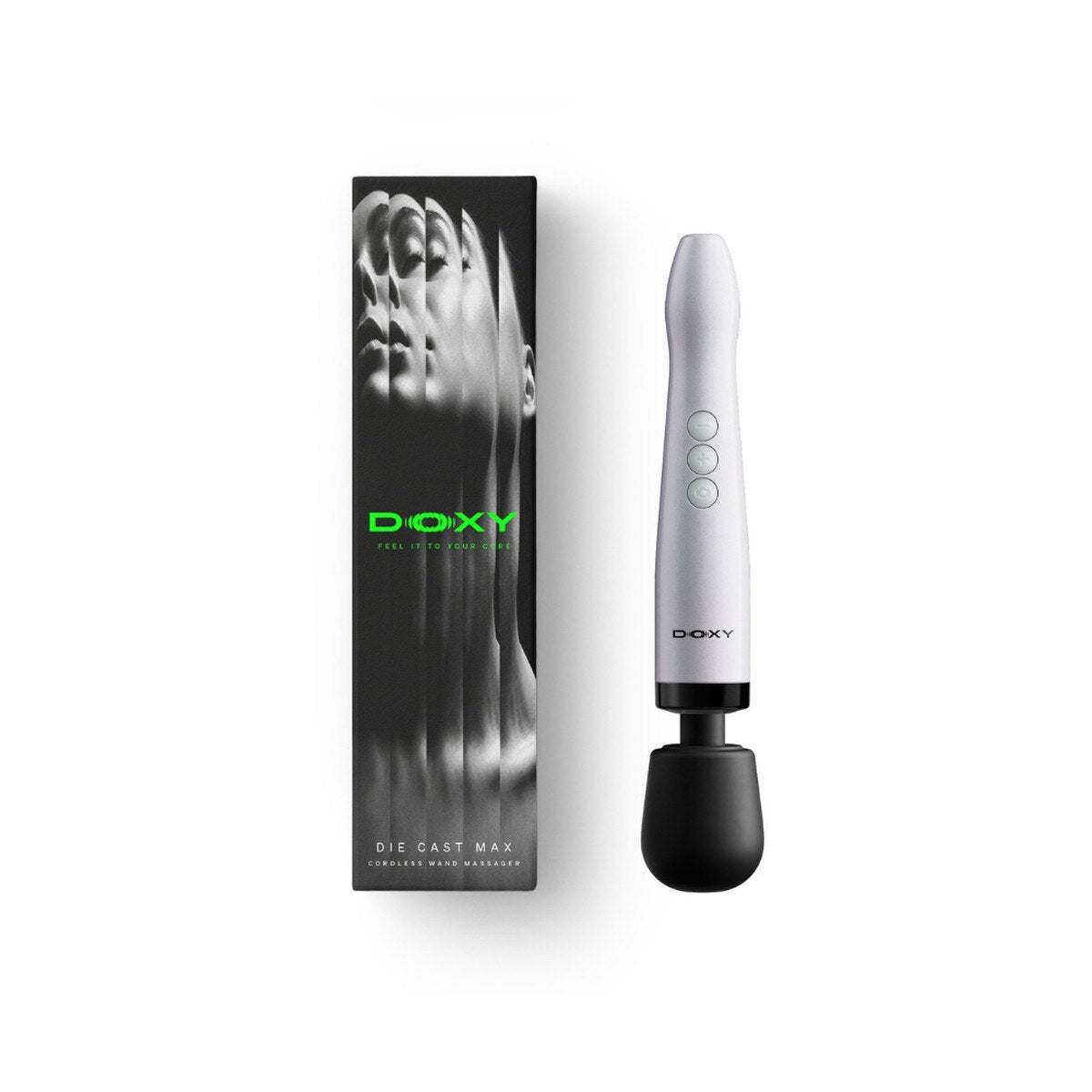 The packaging of the Doxy Die Cast Max Cordless with USB-C charging cable - Adult Toys - Vibrators - Wands - Danish Blue Adult Centres - Doxy massager is shown next to its black packaging box with green branding on a clean white background - Danish Blue Adult Centres