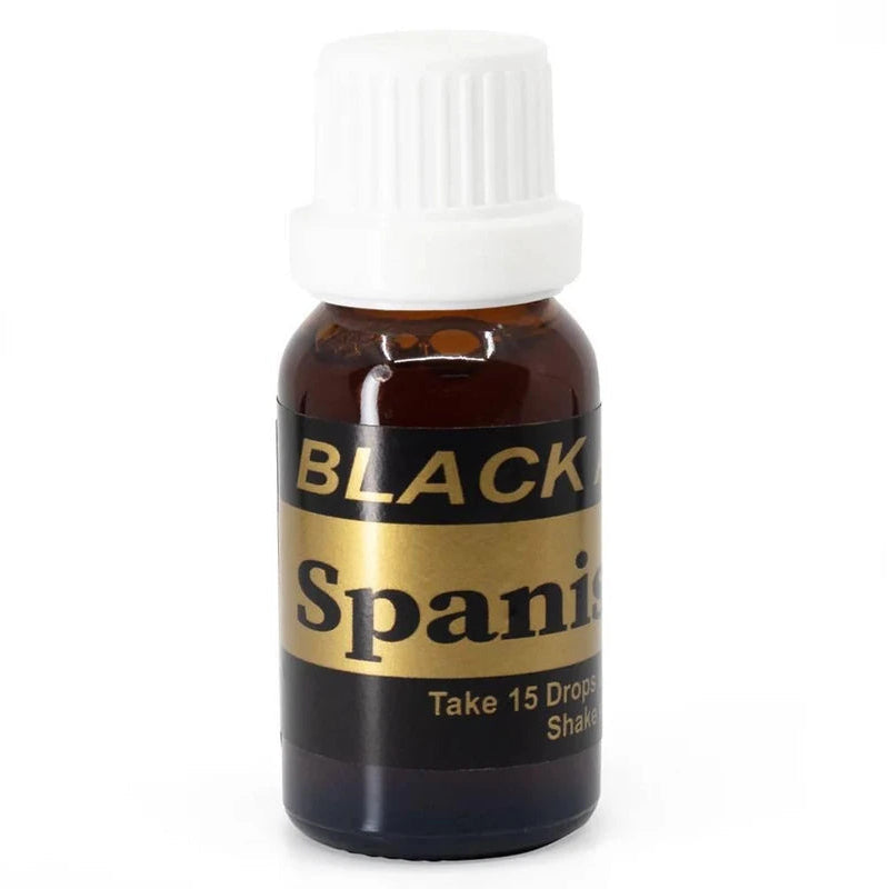 Bottle of Black Spanish oil with a white cap on a white background