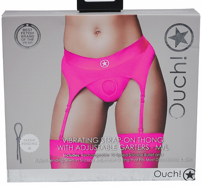 Ouch! Thong w/ Garter Vibrating Strap On Pink M/L-Adult Toys - Strap On - Harness-Ouch-Danish Blue Adult Centres