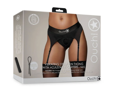 Ouch! Thong w/ Garter Vibrating Strap On Black M/L-Adult Toys - Strap On - Harness-Ouch-Danish Blue Adult Centres