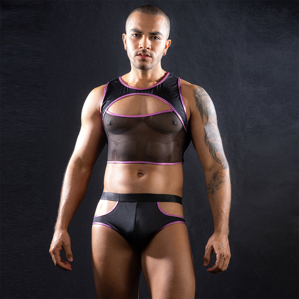 Love In Leather - Men's Top/Trunks Set Pink Edging