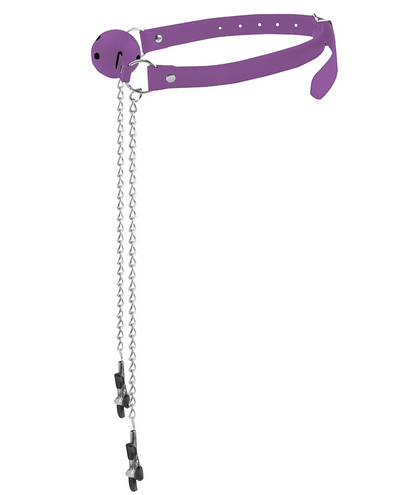 Ouch! Ball Gag with Nipple Clamps - Purple