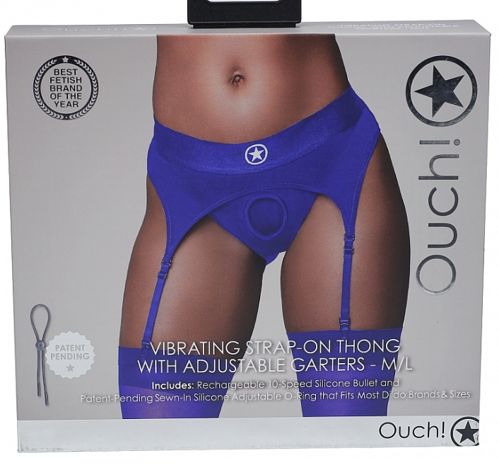 Ouch! Thong w/ Garter Vibrating Strap On Blue M/L-Adult Toys - Strap On - Harness-Ouch-Danish Blue Adult Centres