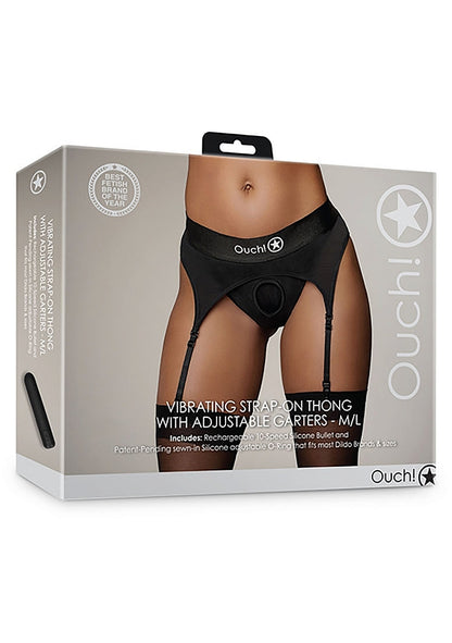Ouch! Thong w/ Garter Vibrating Strap On Black M/L