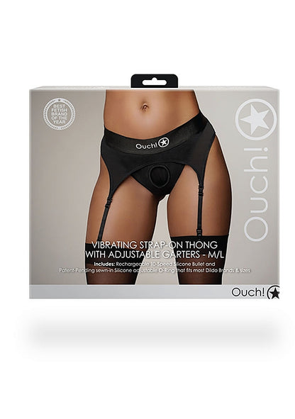 Ouch! Thong w/ Garter Vibrating Strap On Black M/L