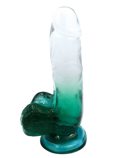 Translucent suction cup dildo on white background