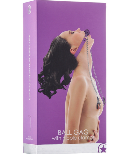 Ouch! Ball Gag with Nipple Clamps - Purple