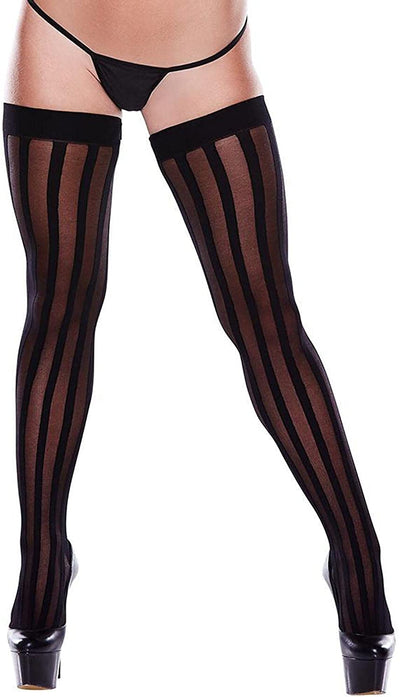 1340 - Baci Striped Thigh High with Bow (Black) - One Size