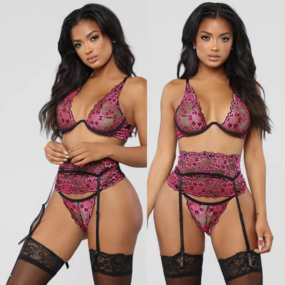Poison Rose 3 Piece Embroidered Lace Set - L-Unclassified-Poison Rose-Danish Blue Adult Centres