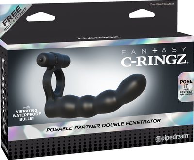 Pipedream Fantasy C-Ringz Posable Partner Double Penetrator (Black)-Adult Toys - Strap On - Kits-Pipedream-Danish Blue Adult Centres