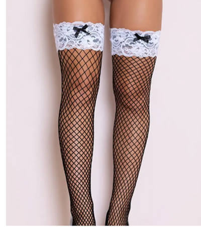 Leg Avenue - Black Industrial Net Contrast White Lace Top Hold Up Stockings-Clothing - Hosiery& - Stockings-Leg Avenue-Danish Blue Adult Centres