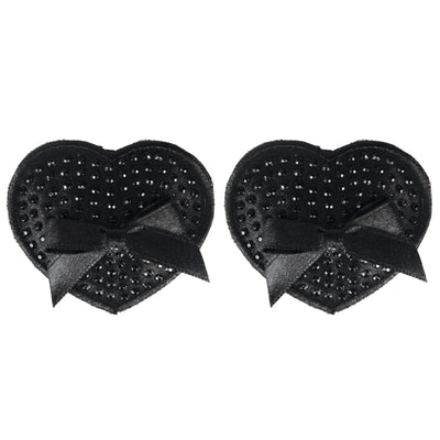 Black Satin Heart Pasties with Black Stone and Bow-Clothing - Accessories - Nipple-Peekaboo Pasties-Danish Blue Adult Centres