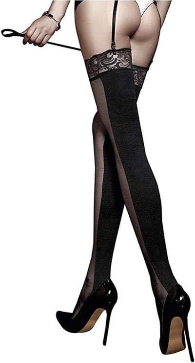 Baci Lace Top Sheer and Opaque Thigh Highs - Black-Clothing - HosieryStockings-BACI-Danish Blue Adult Centres