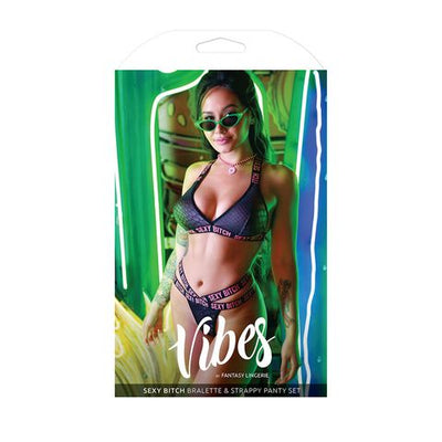 Vibes Sexy Bitch Bralette & Strappy Thong Set - S/M-Clothing - Bra & Panty Sets-Fantasy Lingerie-Danish Blue Adult Centres