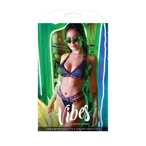 Vibes Sexy Bitch Bralette & Strappy Thong Set - M/L-Clothing - Bra & Panty Sets-Fantasy Lingerie-Danish Blue Adult Centres