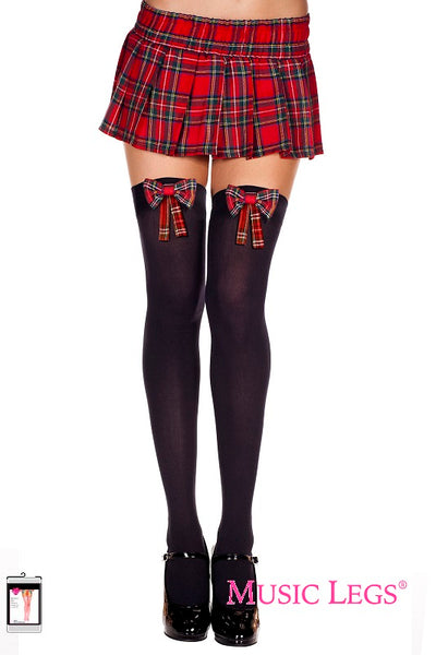 Music Legs Hosiery Opaque Plaid Bow Thigh High - Black-Clothing - HosieryStockings-Music Legs Lingerie-Danish Blue Adult Centres
