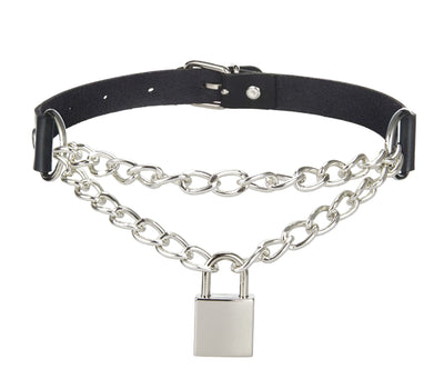 Love in Leather - Faux Leather & Chain Choker w/ Functional Padlock Fastening-Bondage & Fetish - Cuffs & Restraints-Love In Leather-Danish Blue Adult Centres