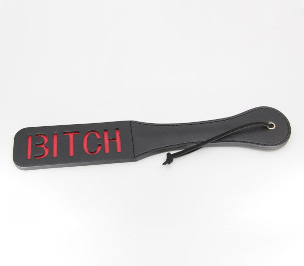 Love In Leather- "Bitch" Faux Leather Slapper Paddle (Black)-Bondage & Fetish - Crops & Paddles-Love In Leather-Danish Blue Adult Centres