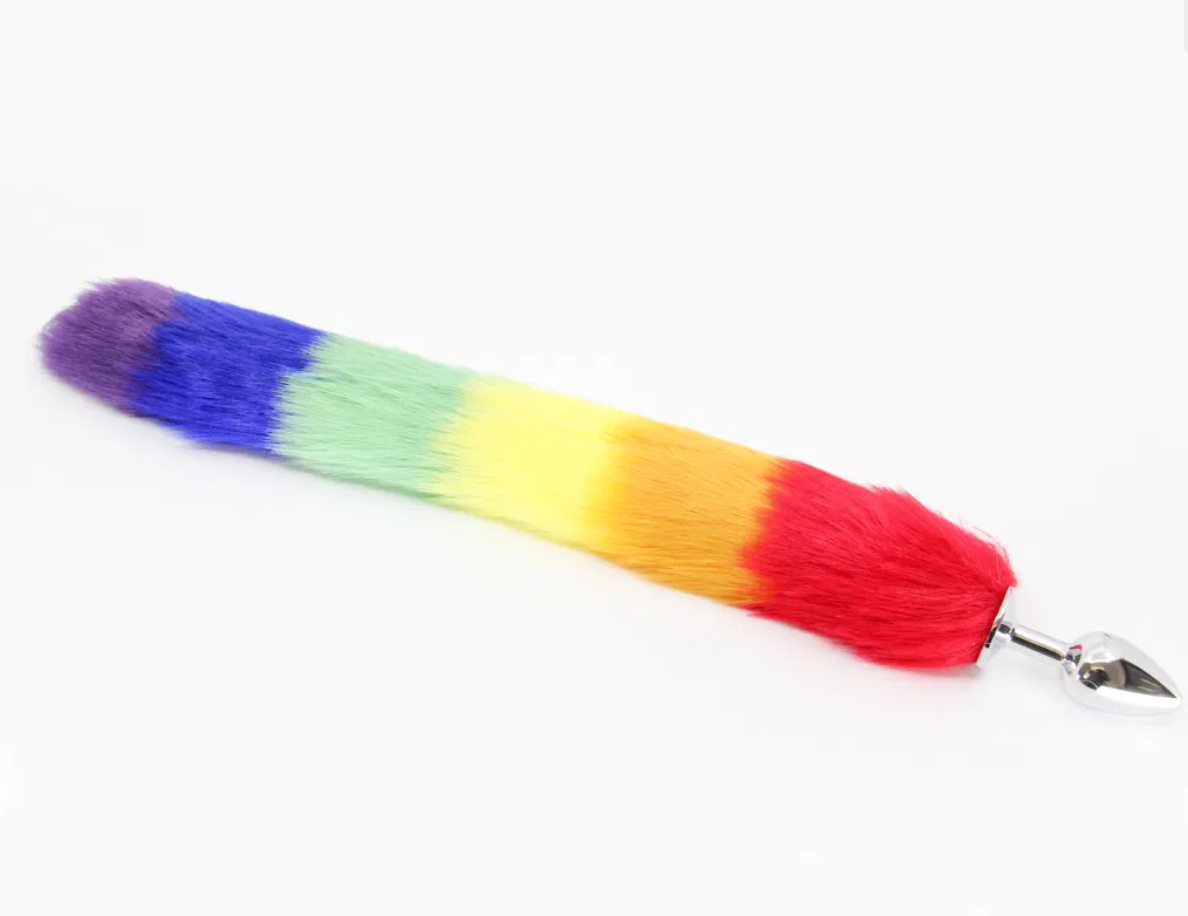 Love In Leather - Rainbow Fox Tail with Aluminium Butt Plug (Small)-Adult Toys - Anal - Plugs-Love In Leather-Danish Blue Adult Centres