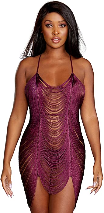 Dreamgirl Women's Draped Fringe Chemise Dress with T-Back - Mulberry-Unclassified-Dreamgirl-Danish Blue Adult Centres