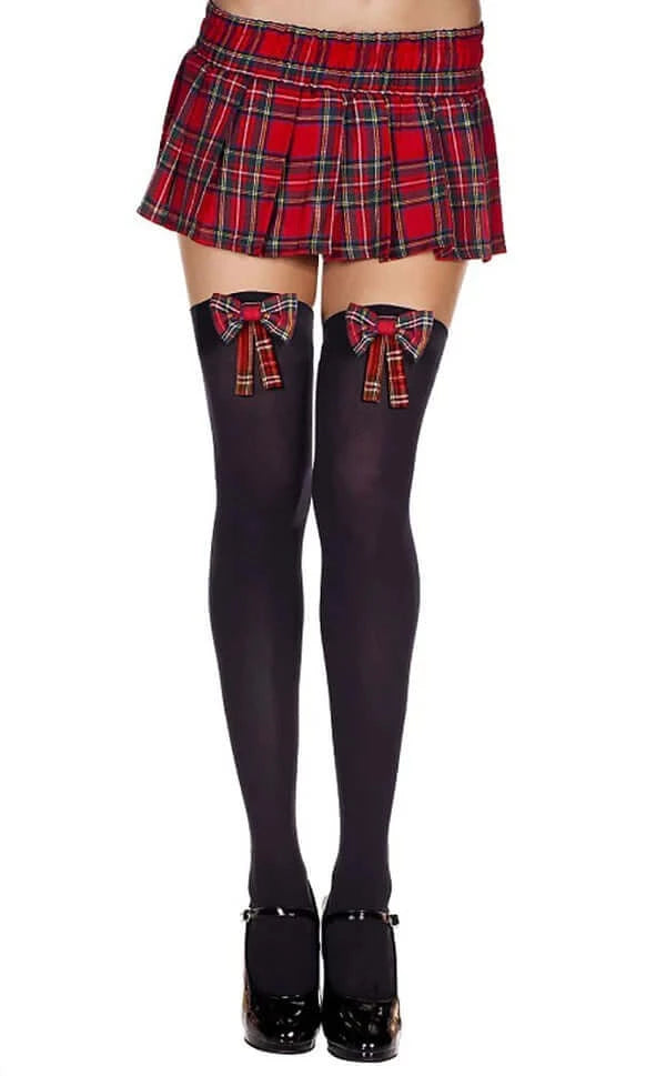 Music Legs Hosiery Opaque Plaid Bow Thigh High - Black-Clothing - HosieryStockings-Music Legs Lingerie-Danish Blue Adult Centres