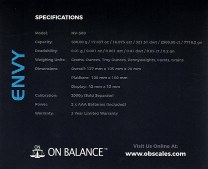 0.01g/500g On-Balance Envy Scale NV-500 (Silver)-Lifestyle - Scales - 0.01-On Balance-Danish Blue Adult Centres