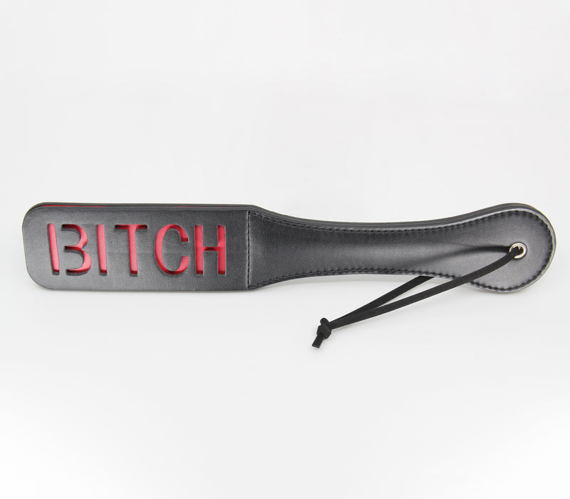 Love In Leather- "Bitch" Faux Leather Slapper Paddle (Black)-Bondage & Fetish - Crops & Paddles-Love In Leather-Danish Blue Adult Centres