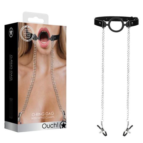 Ouch O-Ring Gag With Nipple Clamps-Bondage & Fetish - Gags-Ouch-Danish Blue Adult Centres