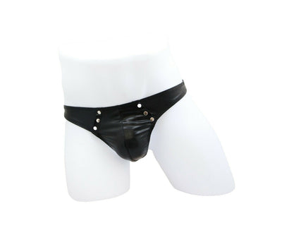 Love in Leather Mens 'Wet Look' Studded Thong-Clothing - Underwear & Panties - Mens Room in Front-Love In Leather-Danish Blue Adult Centres