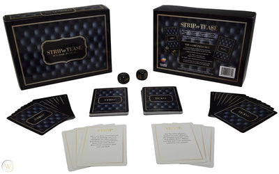 Strip or Tease game set showing dice, strip cards, tease cards, and tip booklet