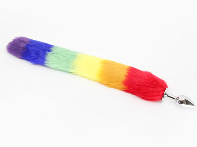 Love In Leather - Rainbow Fox Tail w Aluminium Butt Plug (Medium)-Adult Toys - Anal - Plugs-Love In Leather-Danish Blue Adult Centres