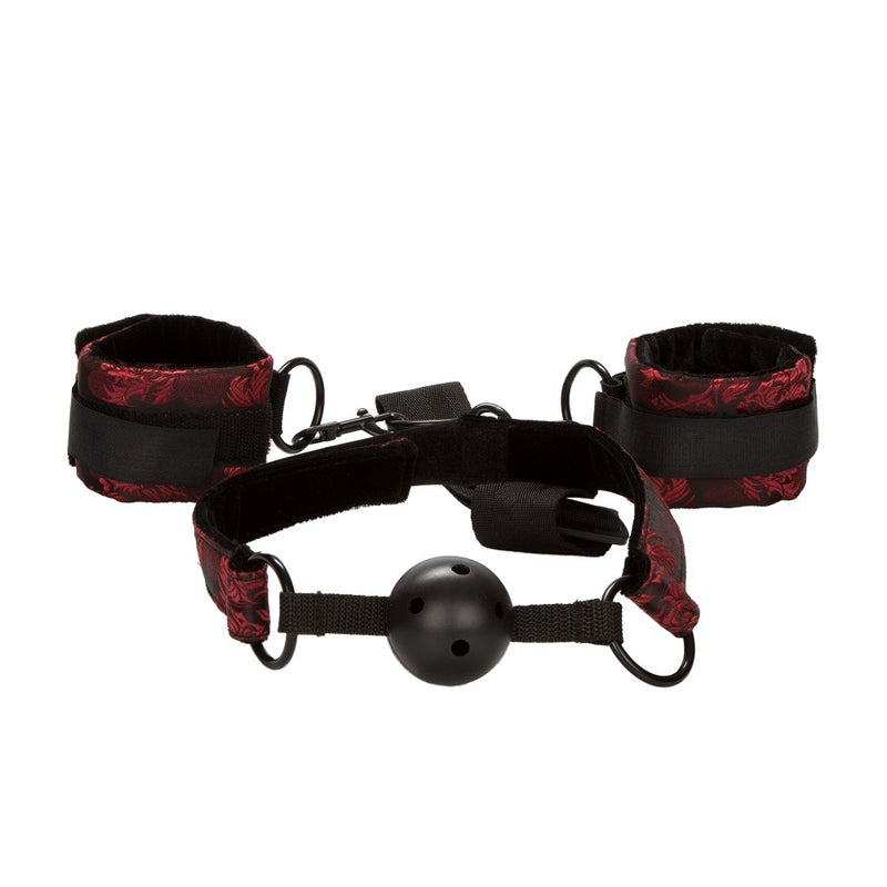 CalExotics Scandal Breathable Ball Gag With Cuffs Red-Bondage & Fetish - Cuffs & Restraints-CalExotics-Danish Blue Adult Centres