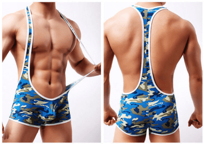 Poison Rose - Men’s Blue Army Pattern Wrestling Suit - X Large-Clothing - Mens Underwear-Poison Rose-Danish Blue Adult Centres